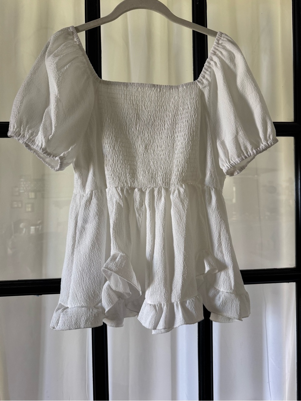 NWT New White Puff-Sleeve Smocked Peplum Top (w/tags)